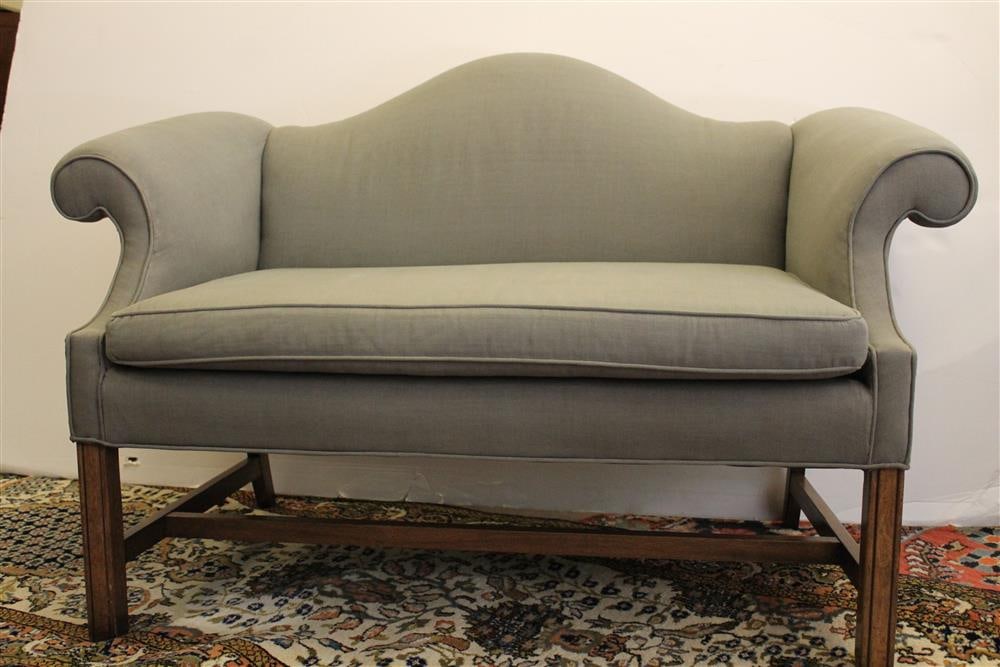 CHIPPENDALE STYLE GRAY FABRIC UPHOLSTERED CAMEL-BACK SETTEE. Single cushion; molded square legs. - (1 of 7)