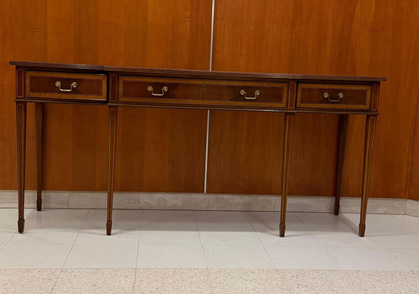 HEPPLEWHITE STYLE INLAID MAHOGANY CONSOLE TABLE OF BREAKFRONT OUTLINE - H: 33 1/4 in. W: 71 3/4 in. (1 of 7)