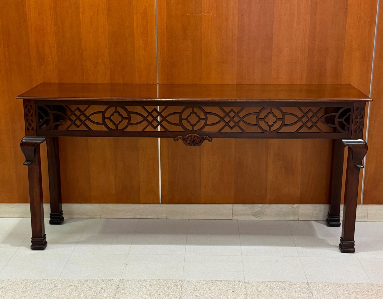 MAHOGANY FOLD-TOP CONSOLE TABLE OPENING TO DINING TABLE - H: 30", folded. Top, 71 1/2" x 18 3/4".. (1 of 11)