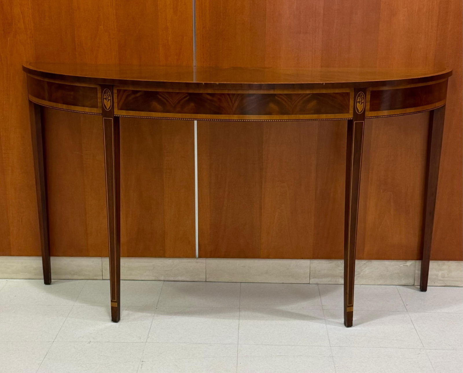 HEPPLEWHITE STYLE INLAID MAHOGANY DEMILUNE CONSOLE TABLE - H: 33". W: 60". D: 18.. (1 of 4)