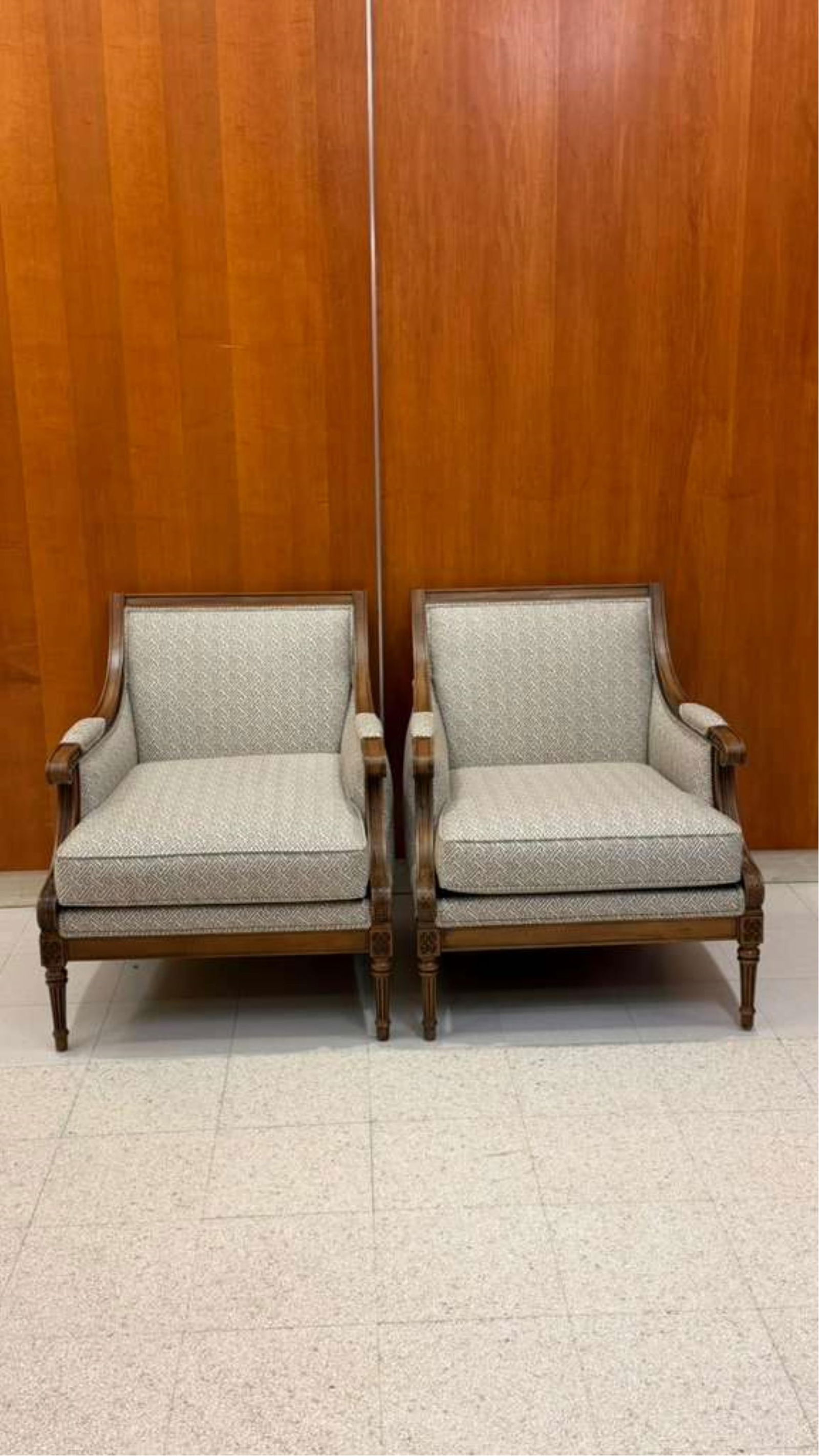 PAIR REGENCY STYLE CARVED FRUITWOOD UPHOLSTERED ARMCHAIRS By Ethan Allen - . (1 of 11)