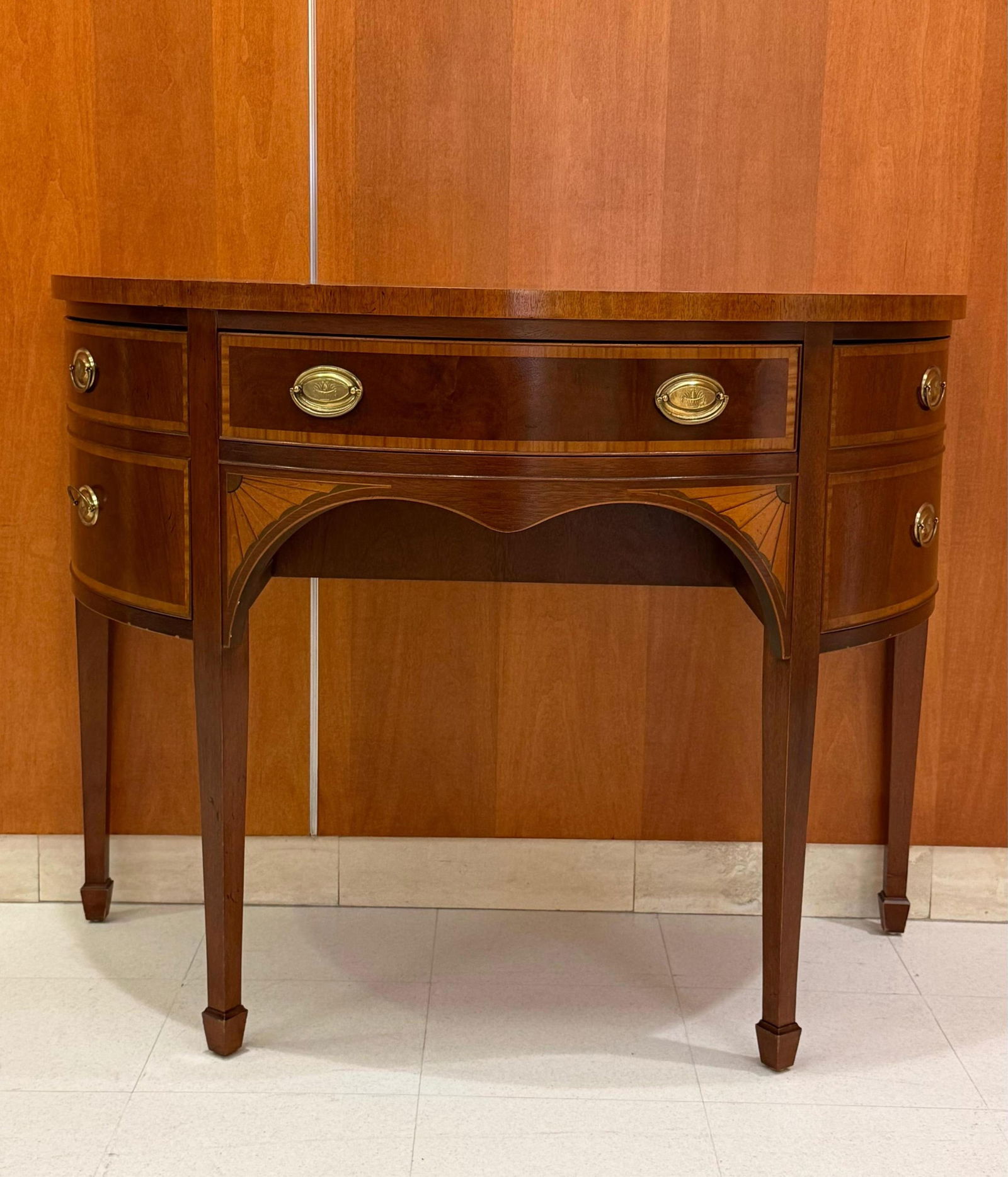 BAKER CO. HEPPLEWHITE STYLE INLAID MAHOGANY DIMINUTIVE DEMILUNE SIDEBOARD H: 33 3/4". W: 45". D: 23 (1 of 7)