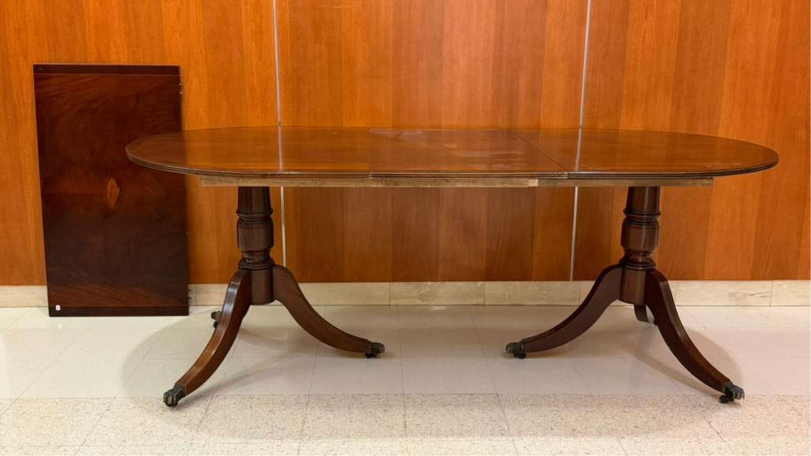 GEORGE III-STYLE INLAID MAHOGANY OVAL-TOP DINING TABLE WITH DOUBLE-PEDESTAL BASE AND TWO EXTRA (1 of 7)