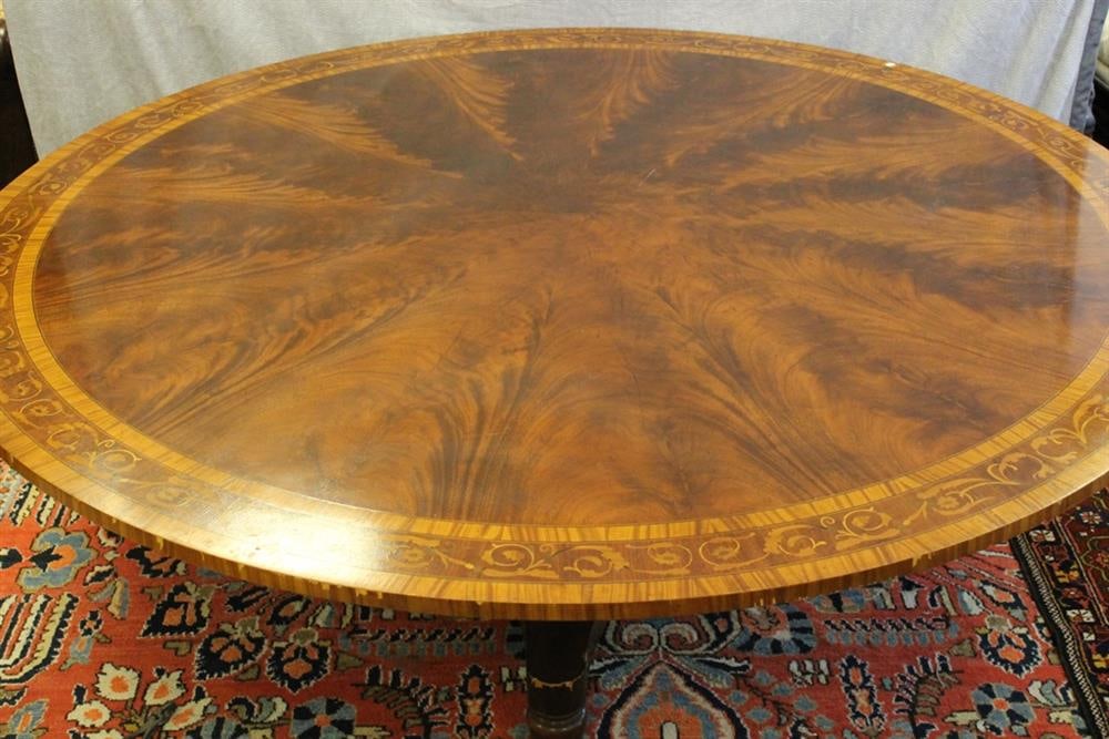 FIGURED MAHOGANY INLAID CIRCULAR-TOP DINING TABLE WITH PEDESTAL BASE. Top has cross-banded border (1 of 7)