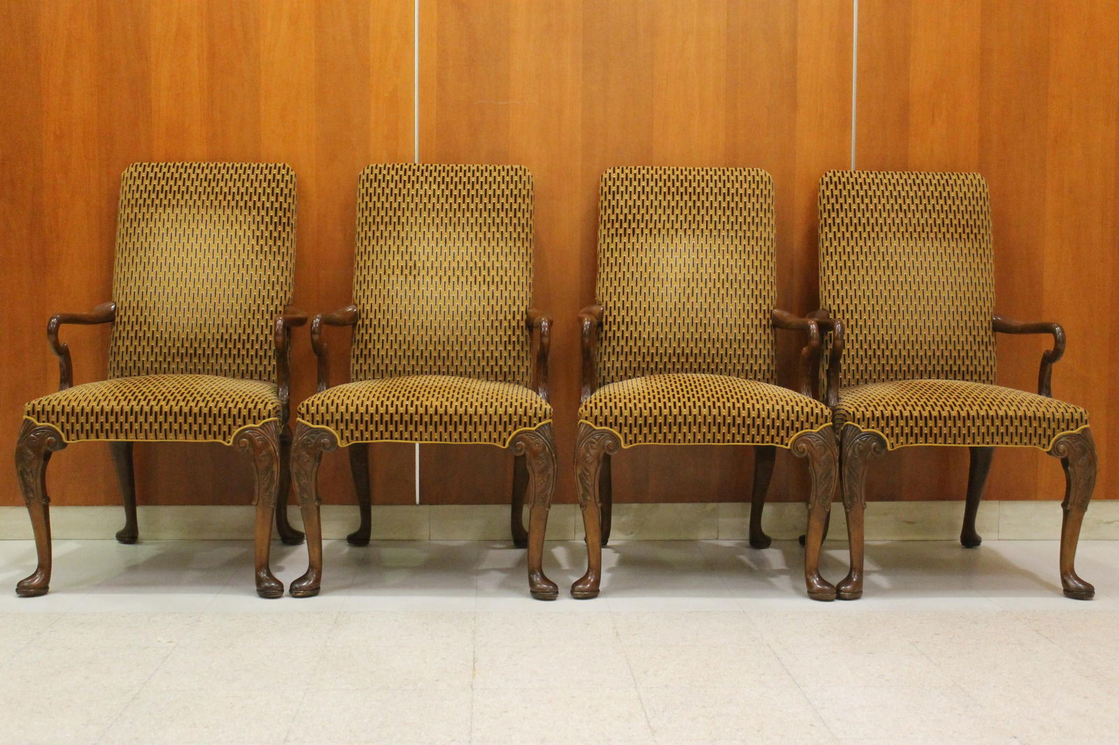 SET FOUR BAKER CO. QUEEN ANNE/CHIPPENDALE STYLE OPEN-ARM CHAIRS WITH UPHOLSTERED SEATS AND BACKS - . (1 of 7)