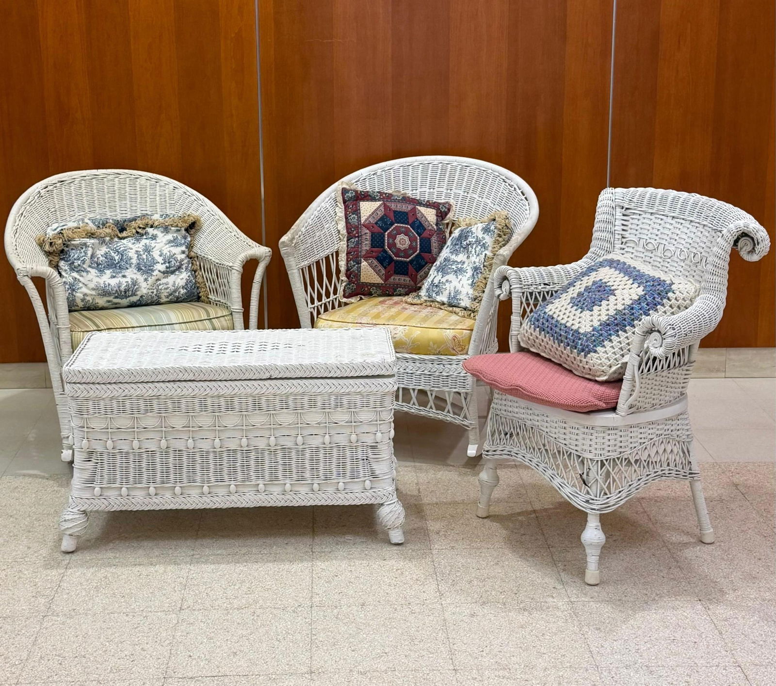 FOUR PIECE ANTIQUE AND OTHER WICKER FURNITURE - Trunk, top, 32 1/2" x 15".. (1 of 6)