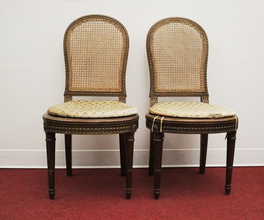 PAIR LOUIS XVI-STYLE CARVED FRUITWOOD DIMINUTIVE SIDECHAIRS WITH CANED BACKS AND BALLOON SHAPED (1 of 6)
