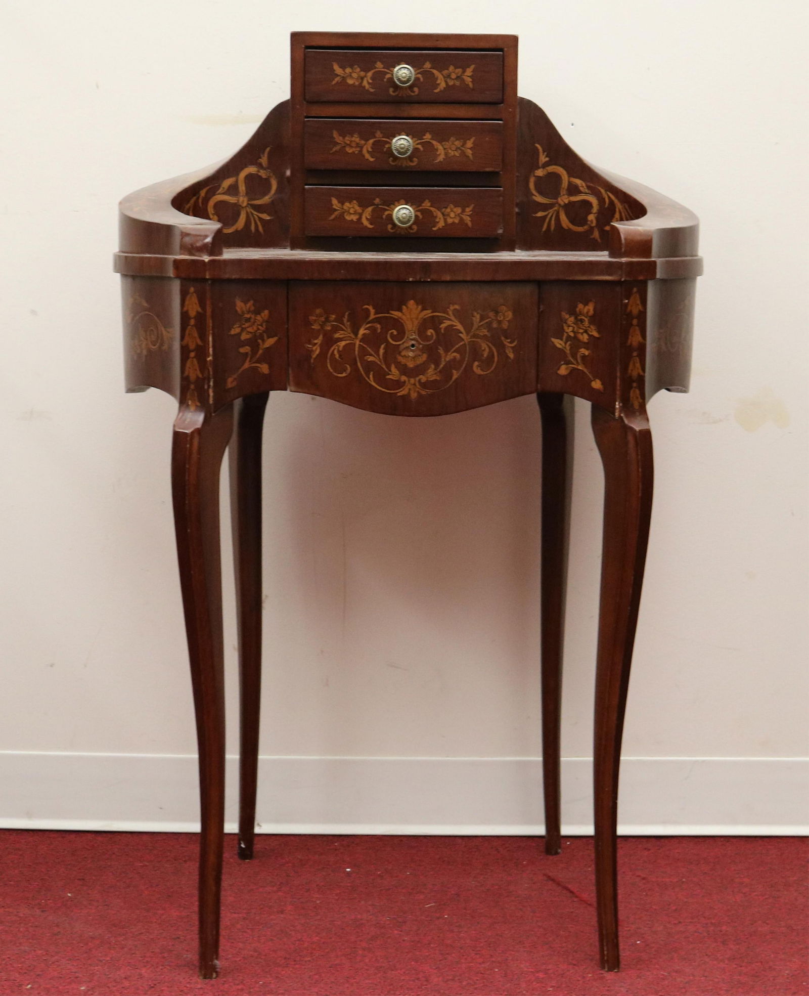 FRENCH MARQUETRY-INLAID LADY'S WRITING DESK late 19th-early 20th century - H: 39". W: 25". D: 17",. (1 of 8)