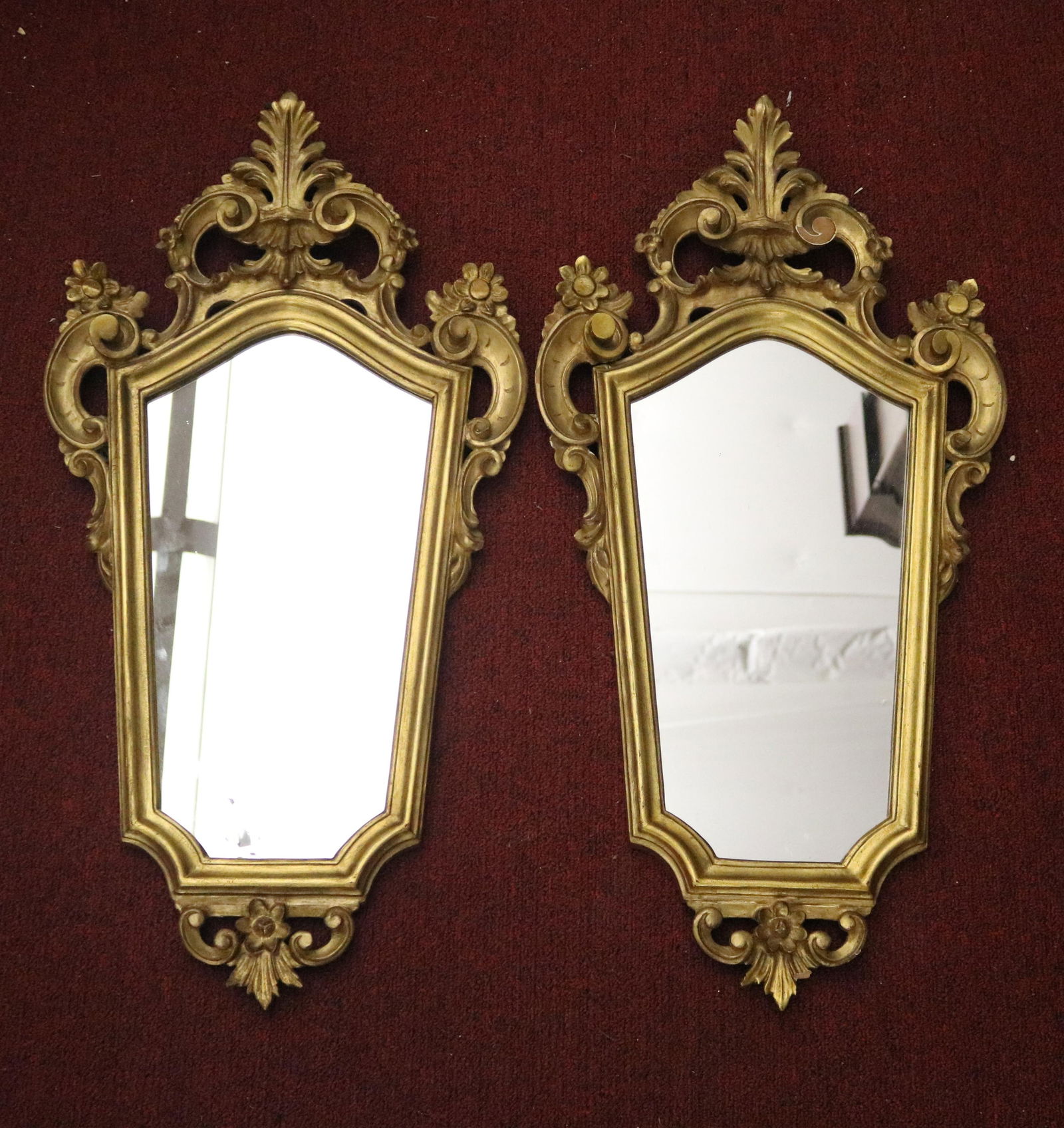 PAIR SMALL CONTINENTAL CARVED AND GILT WALL MIRRORS, (1 of 8)