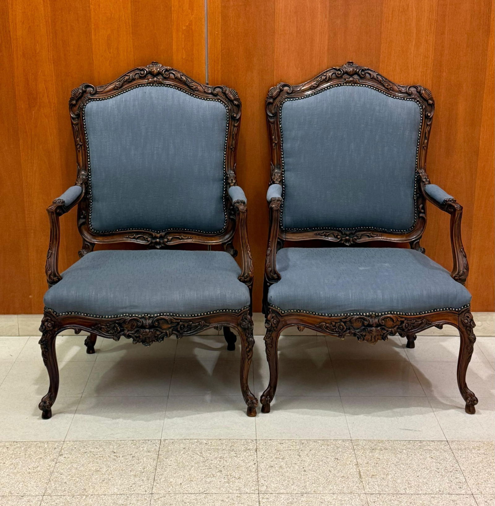 PAIR LOUIS XV STYLE CARVED AND UPHOLSTERED OPEN-ARM CHAIRS - . (1 of 6)