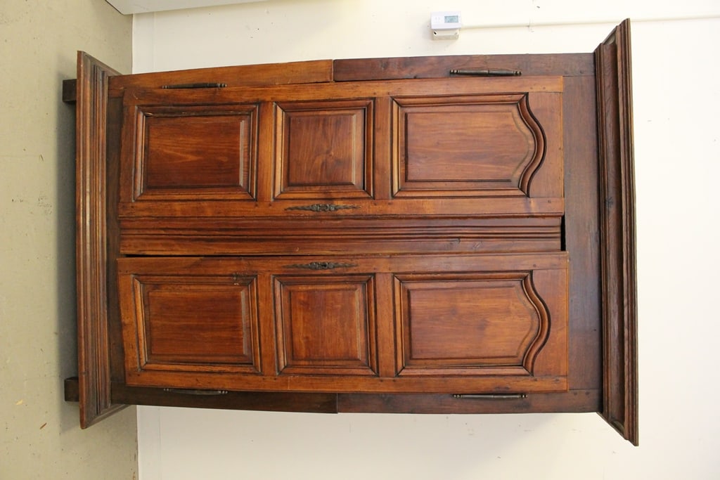 FRENCH PROVINCIAL OAK AND FRUITWOOD TWO-DOME ARMOIRE, 18th century. - H: 75 in. W: 51 in. D: 22 1/2 (1 of 8)