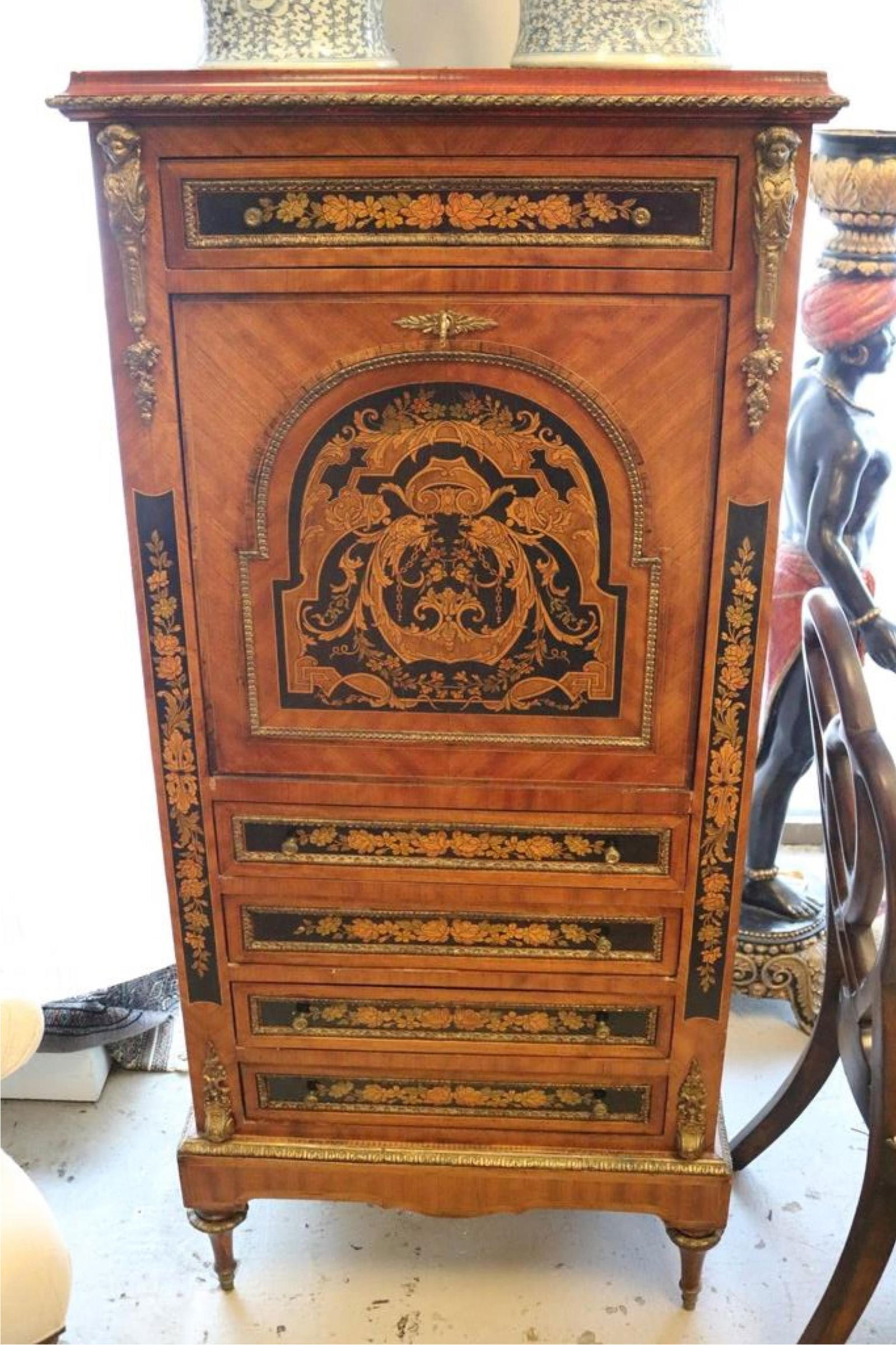 FRENCH GILT-METAL MOUNTED, MARQUETRY-INLAID SECRETAIRE-A-ABBATAMT late 19th century - H: 60 1/4". W: (1 of 18)