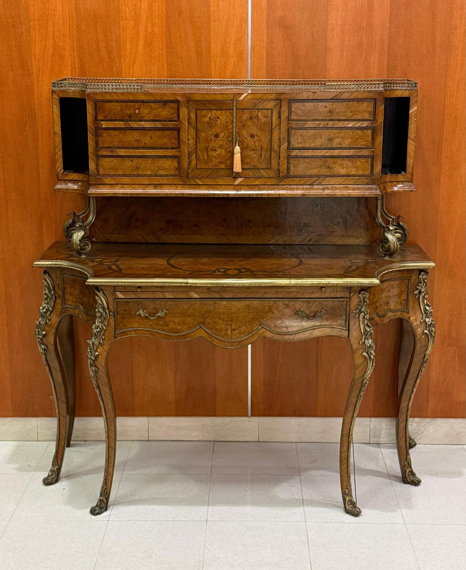 LOUIS XV STYLE BRASS-MOUNTED BURL-WOOD WRITING DESK early 20th century - H: 52". W: 49 1/2". D: 20 (1 of 11)