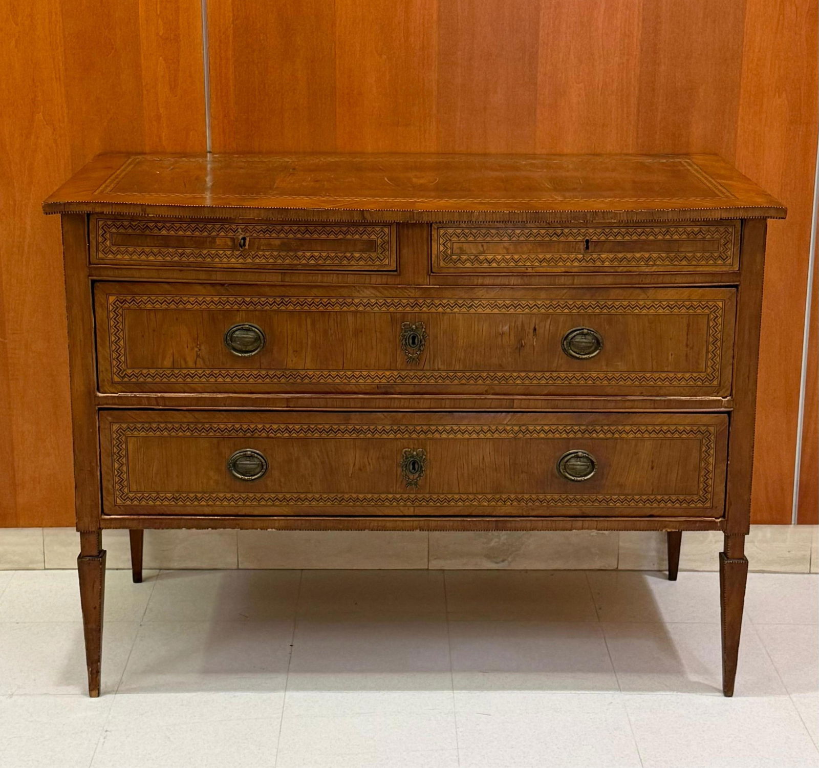 ITALIAN NEOCLASSICAL INLAID FRUIT-WOOD FOUR-DRAWER COMMODE late 18th century - H: 35 1/2". W: 48". (1 of 8)