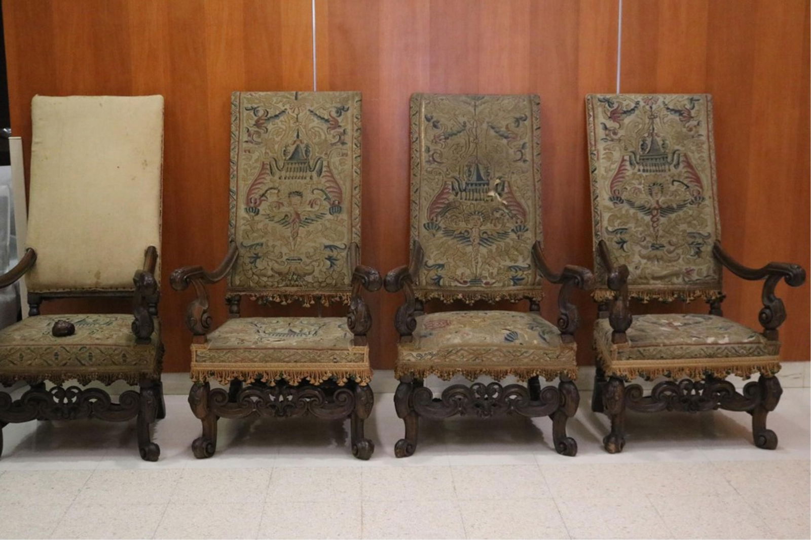 SET FOUR CONTINENTAL RENAISSANCE STYLE CARVED WALNUT OPEN-ARM CHAIRS WITH 18TH CENTURY NEEDLEWORK (1 of 12)
