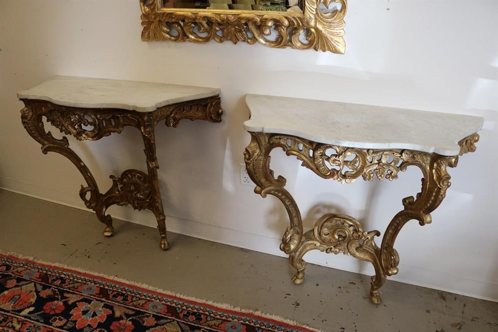 LOUIS XV GILTWOOD CONSOLE TABLE AND ANOTHER EN SUITE OF LATER DATE. - H: 35 1/4". W: 38". D: 17 (1 of 20)