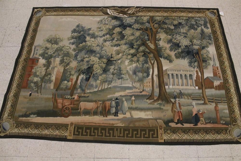 YALE COLLEGE HANDWOVEN TAPESTRY, 20th century.: YALE COLLEGE HANDWOVEN TAPESTRY, 20th century. handwoven tapestry depicts Yale College in New Haven, CT, in the 19th century. Based on design by J. Sands and William Henry Bartlett Lined with rod-pock