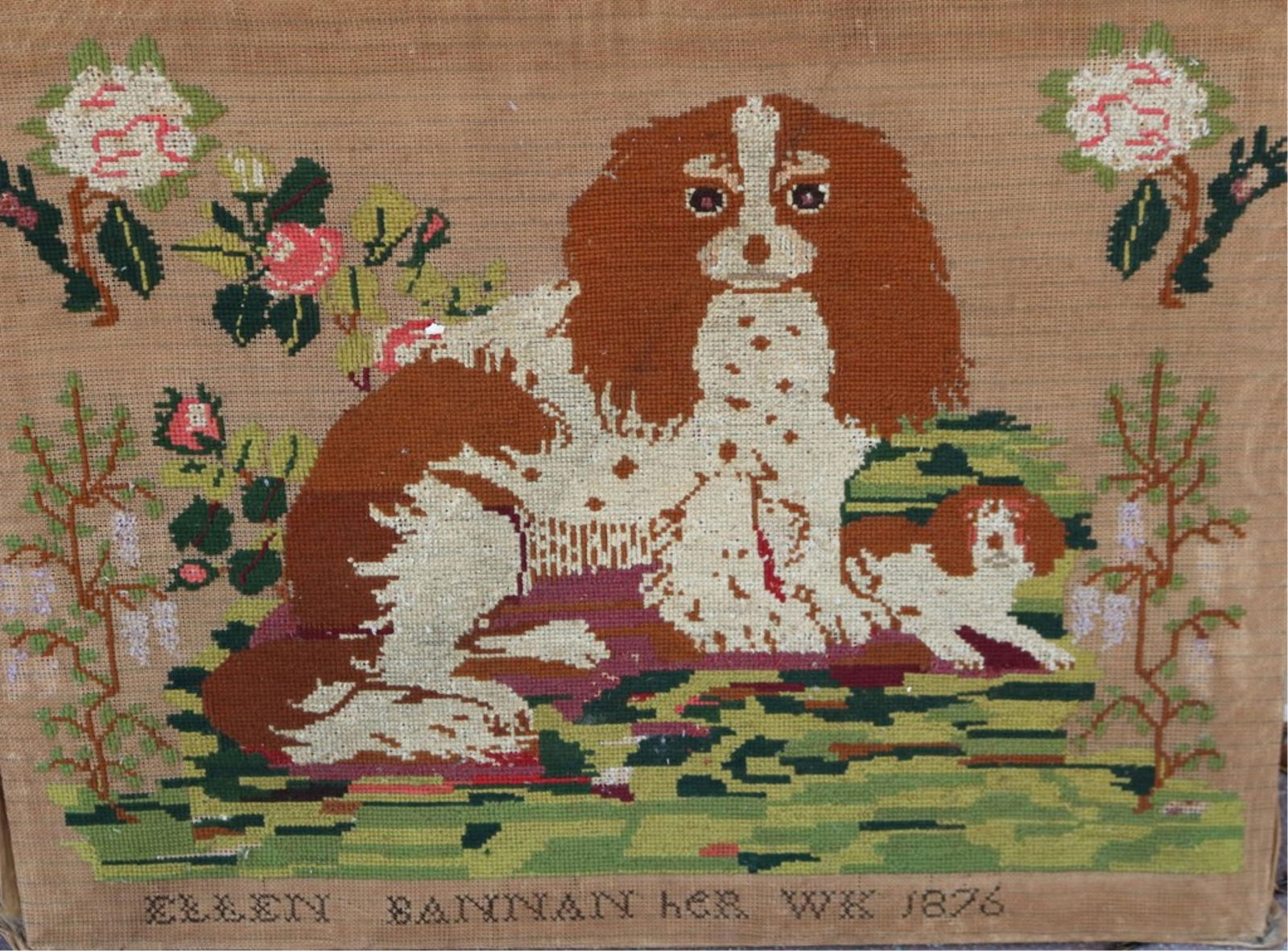 ENGLISH VICTORIAN NEEDLEPOINT PANEL DEPICTING KING CHARLES SPANIEL AND PUP WORKED BY ELLEN BANNAN, (1 of 5)