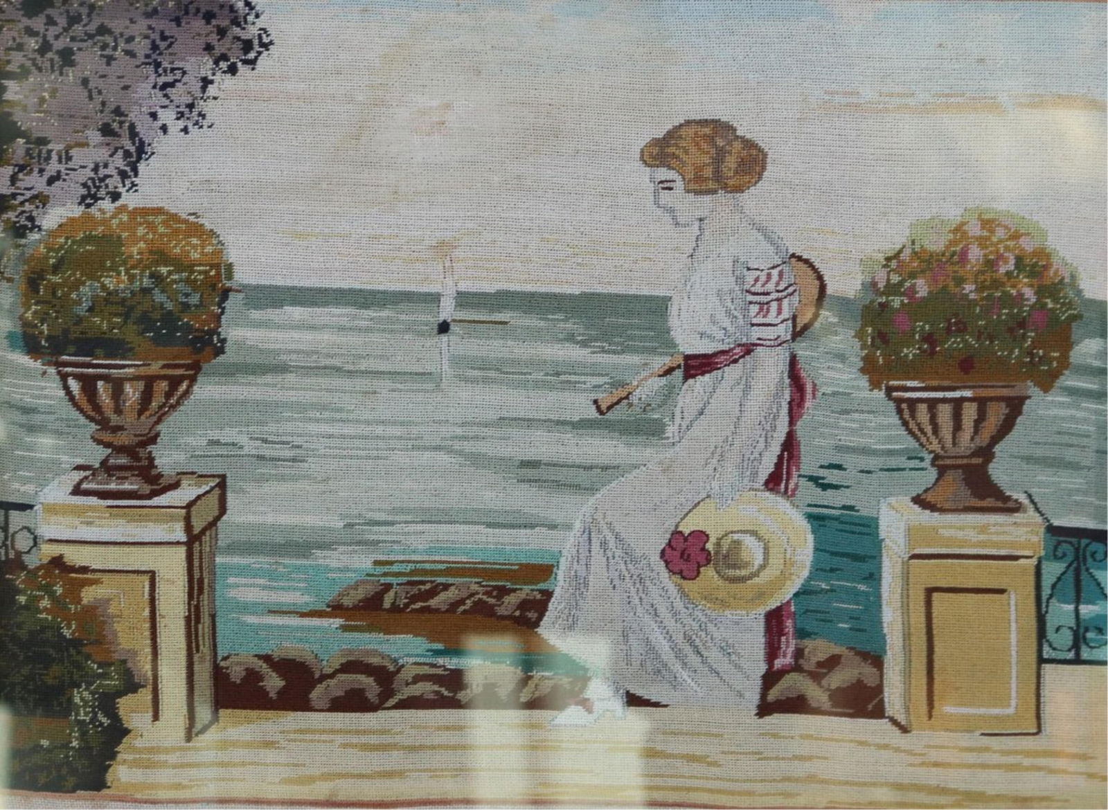 NEEDLEWORK SCENE DEPICTING EDWARDIAN LADY WITH TENNIS RACQUET early 20th century - Framed. (1 of 4)