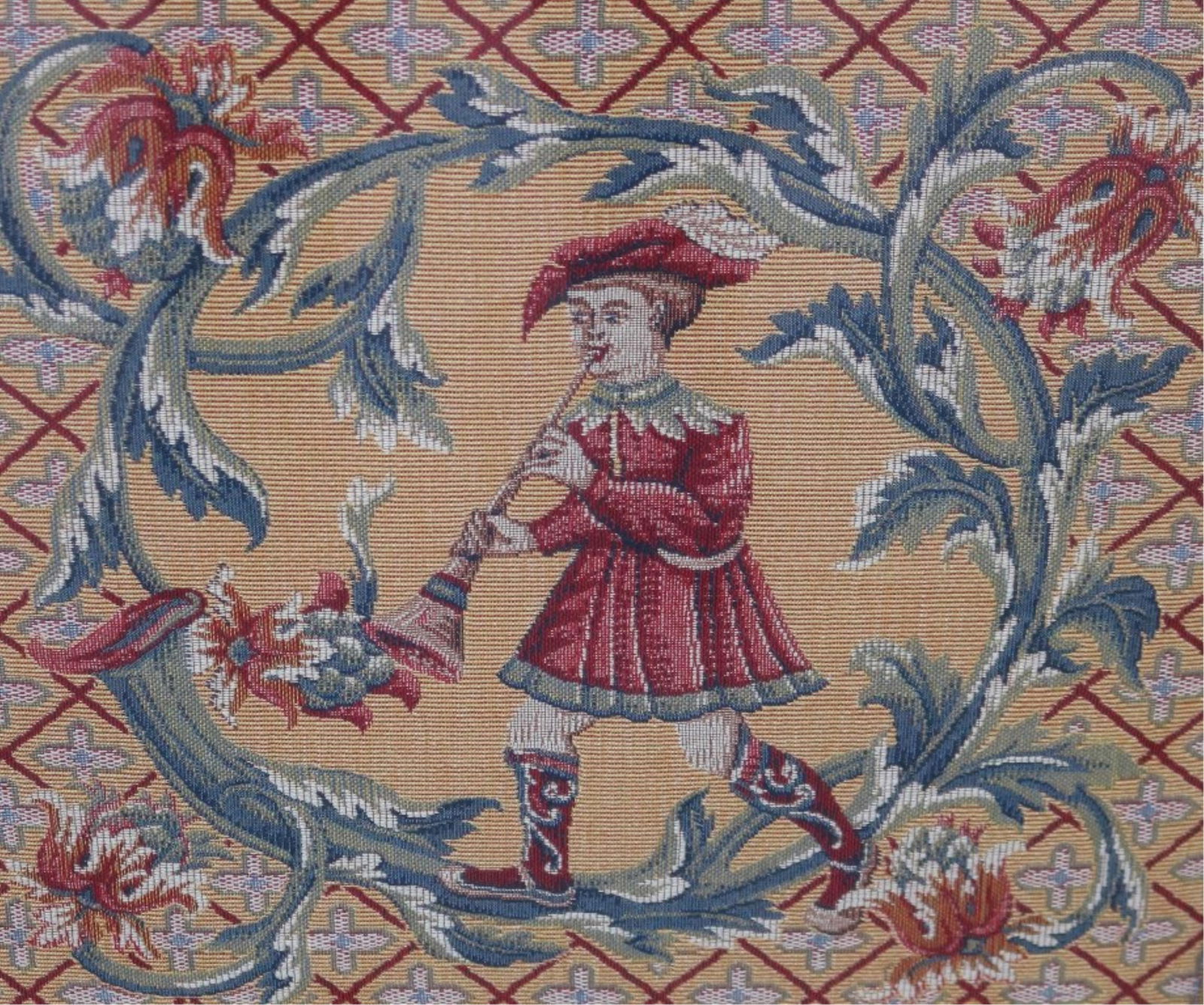NEEDLEWORK SCENE DEPICTING MEDIEVAL YOUTH PLAYING LUTE - . (1 of 6)