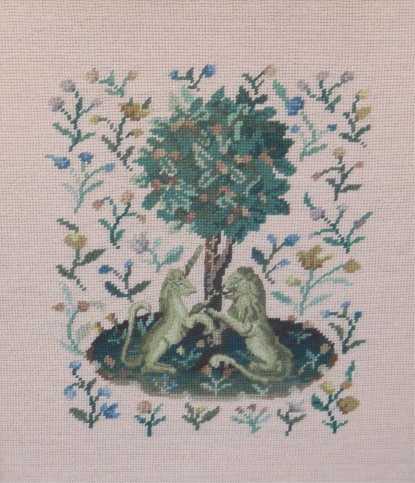 NEEDLEWORK SCENE DEPICTING LION AND UNICORN, AFTER THE LADY AND THE UNICORN SERIE After "The Lady (1 of 7)