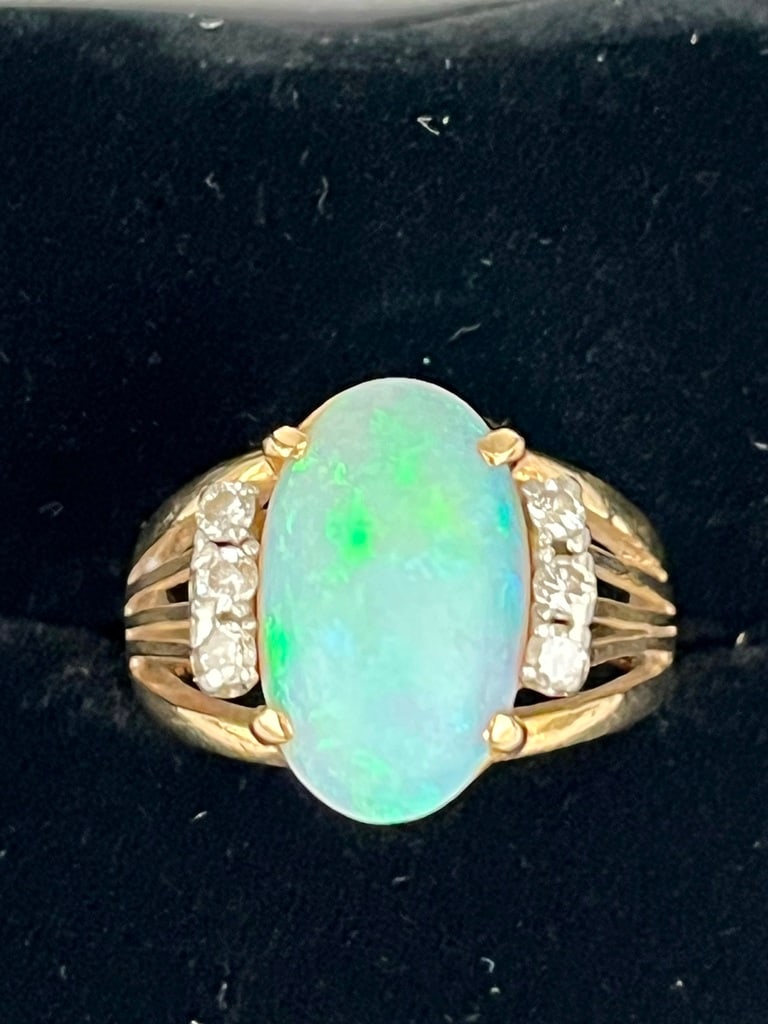 14K YELLOW AND WHITE GOLD, PRECIOUS WHITE OPAL AND DIAMOND RING. - Ring size: 6 1/4 . Gross wt. 3 (1 of 6)