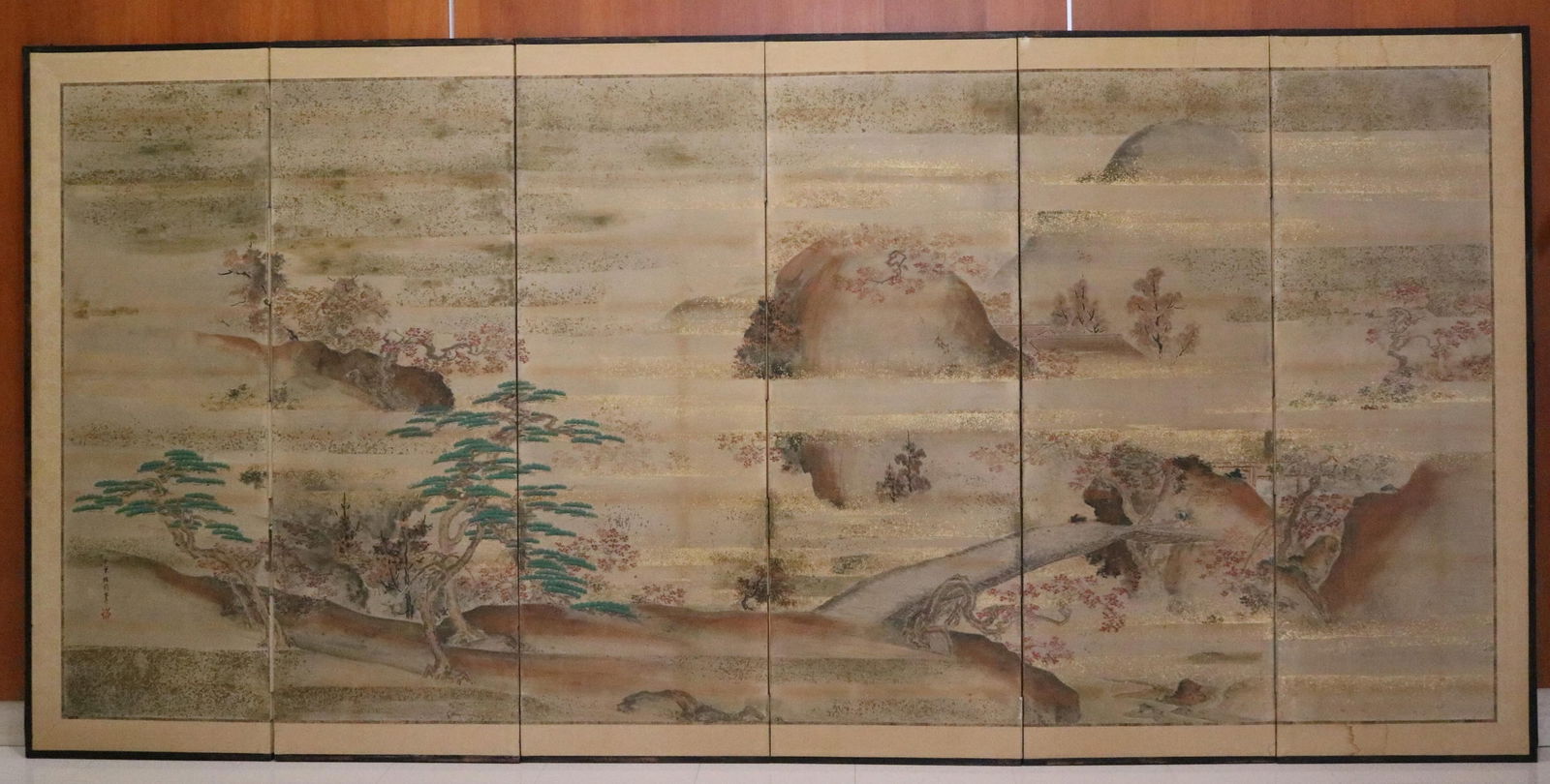 JAPANESE PAINTED PAPER SIX-FOLD FLOOR SCREEN Meiji period - Each panel, H: 56 in., W: 20 in.. (1 of 20)