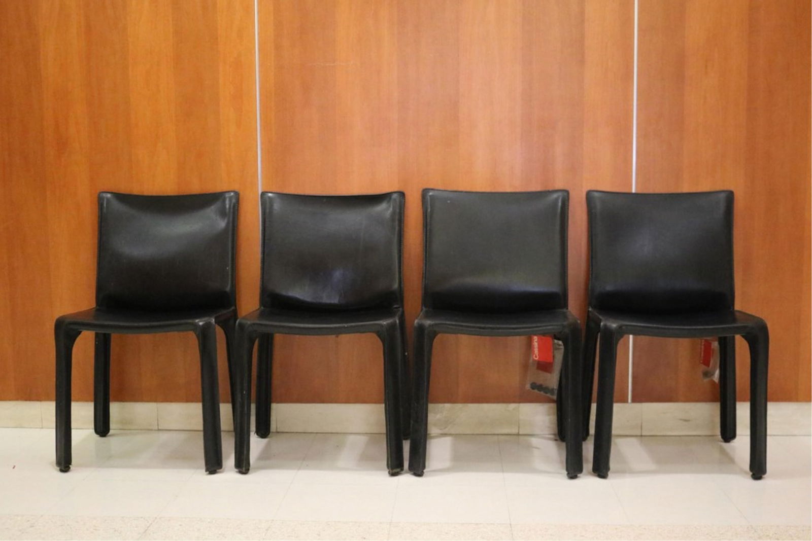 SET FOUR MARIO BELLINI FOR CASSINA BLACK LEATHER SIDECHAIRS circa 1980s - . (1 of 4)