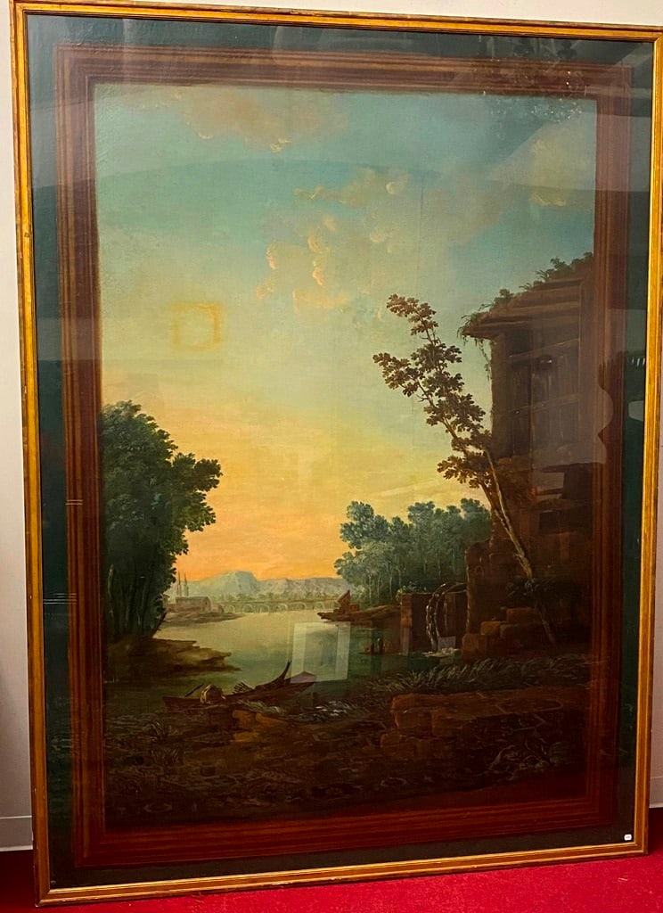 FOLLOWER OF HUBERT ROBERT (French, 18th century). A Landscape with a Watermill by a Lake, in a: FOLLOWER OF HUBERT ROBERT (French, 18th century). A Landscape with a Watermill by a Lake, in a Trompe l'Oeil Frame, Vertical framed oil on canvas painting depicting a romantic, idealized landscape oft