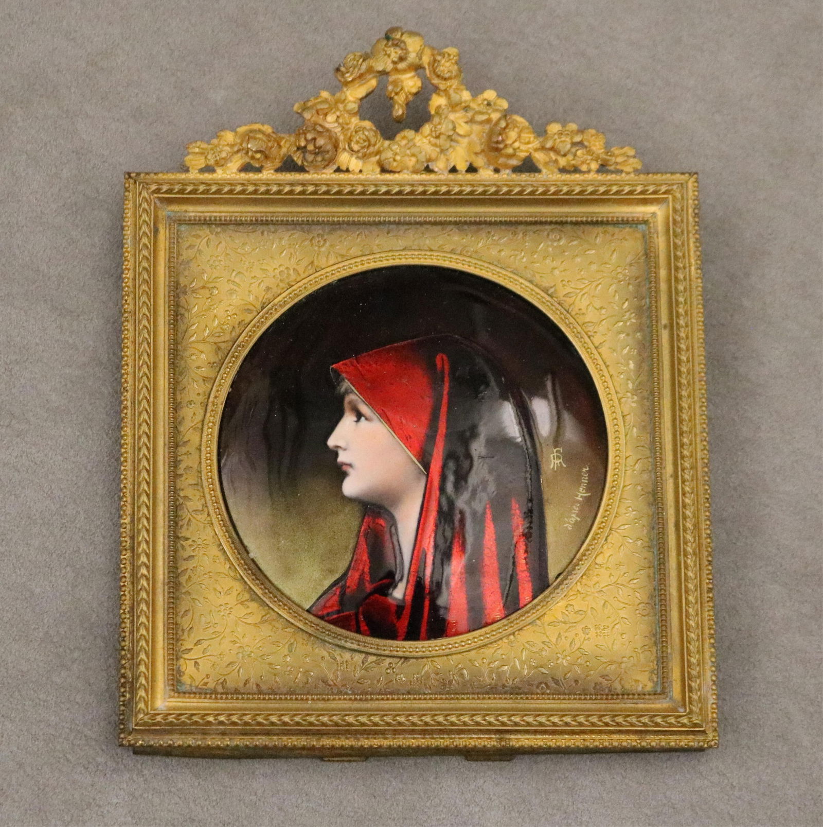 ENAMELED PORCELAIN PORTRAIT PLAQUE IN FRENCH GILT-BRASS FRAME 19th century - Overall, H: 6 1/4 in.. (1 of 6)