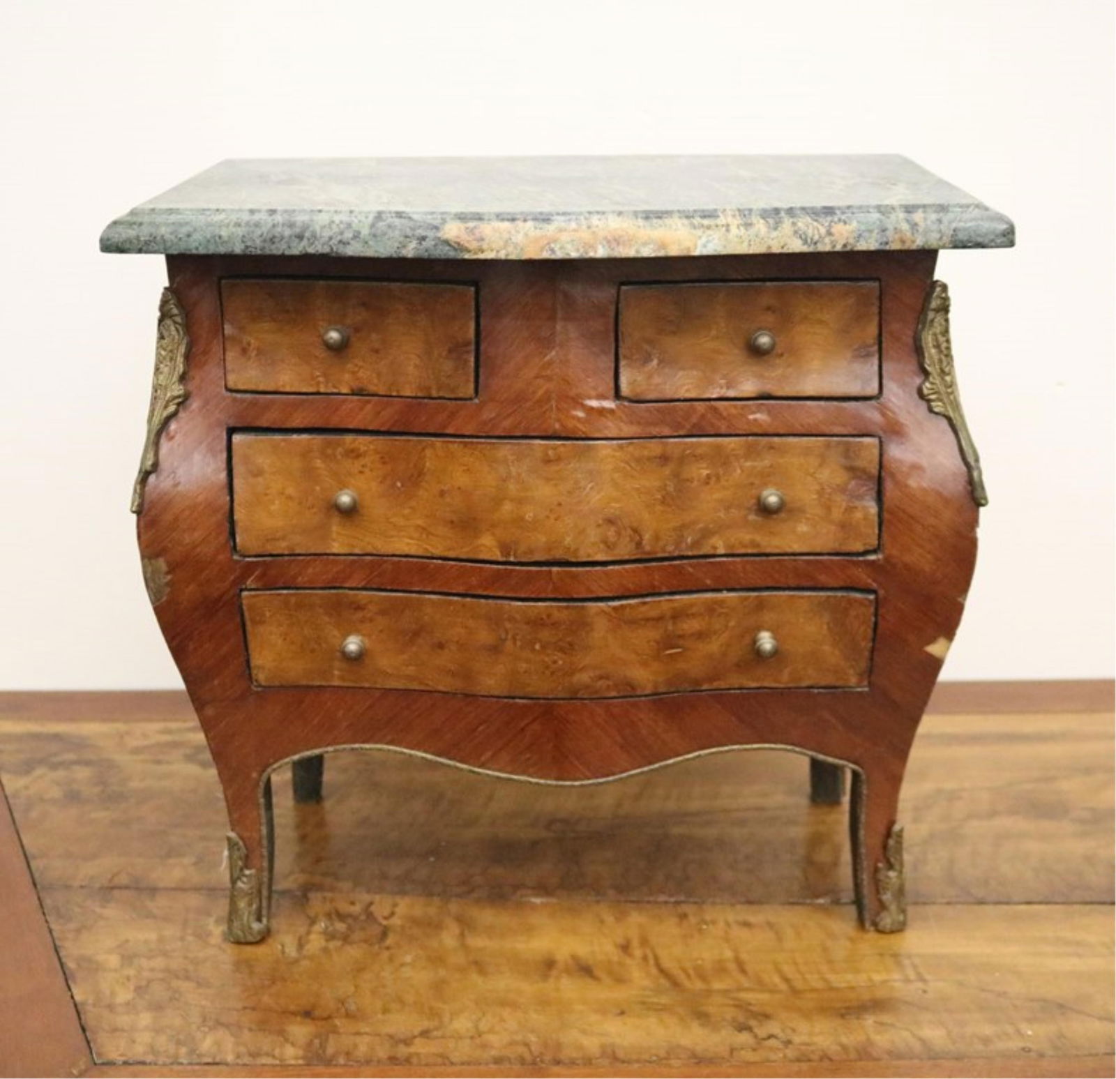 LOUIS XV STYLE BURLWOOD BOMBE THREE-DRAWER MINIATURE CHEST WITH MARBLE TOP - H: 16 1/2 in. W: 17 1/2 (1 of 6)