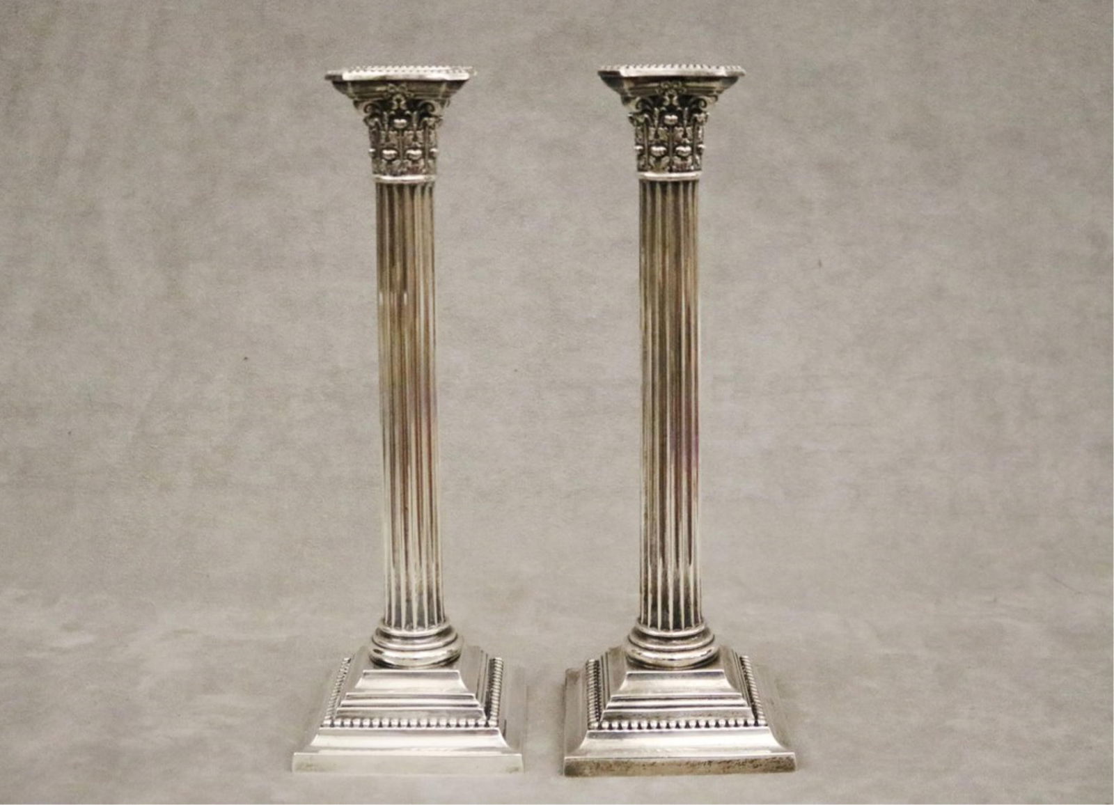 PAIR GORHAM CO. WEIGHTED STERLING SILVER CORINTHIAN COLUMN-FORM CANDLESTICKS WITH SQUARE BASES (1 of 8)