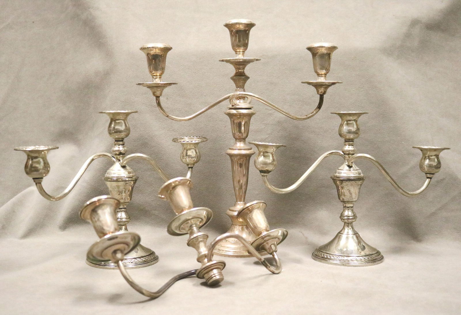 PAIR PREISER WEIGHTED STERLING SILVER THREE-LIGHT CANDELABRA CONVERTIBLE TO SINGLE-LIGHT CONSOLE (1 of 17)