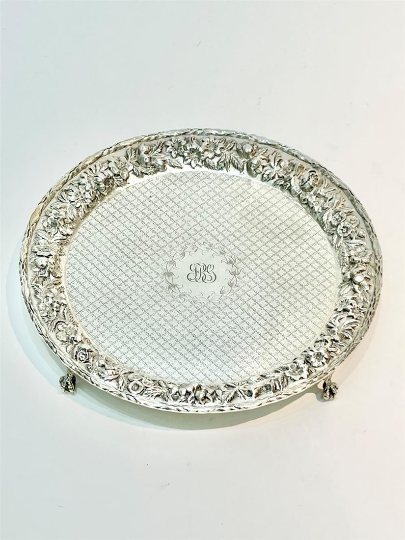 S. KIRK & SON STERLING SILVER FOOTED SALVER WITH FLORAL REPOUSSE BORDER. Design no. 1710. - D: 10", (1 of 18)