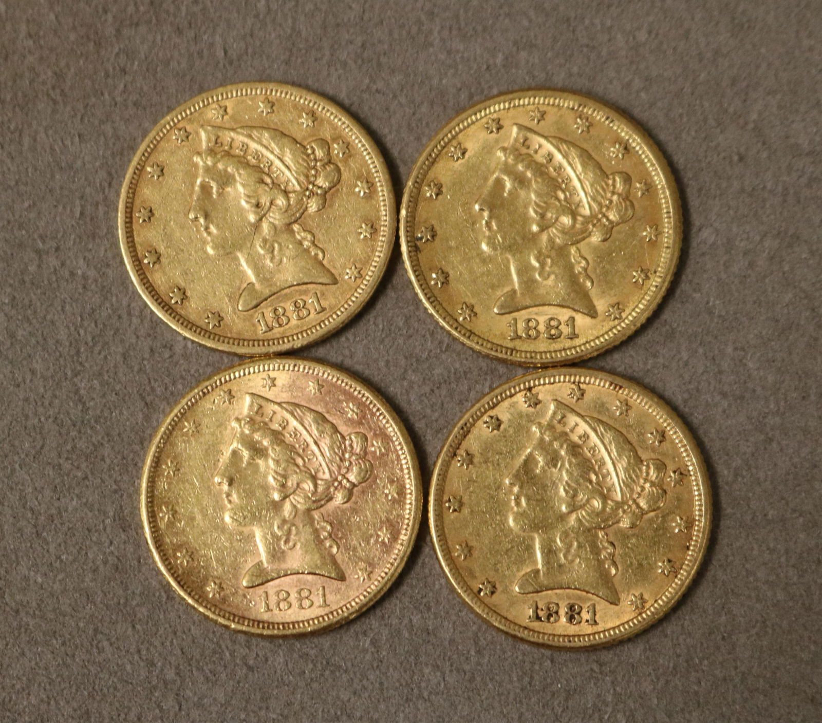 FOUR U.S FIVE-DOLLAR GOLD COINS ALL DATED 1881 - .: FOUR U.S FIVE-DOLLAR GOLD COINS ALL DATED 1881
