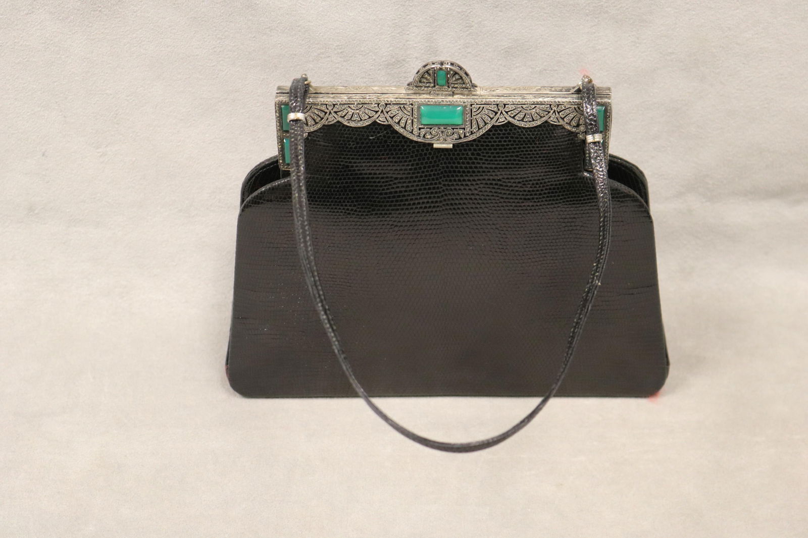 ART DECO FRAMED BLACK LEATHER EVENING BAG BY LA JEUNESSE WITH MARCASITE AND GREEN HARDSTONE ACCENTS: ART DECO FRAMED BLACK LEATHER EVENING BAG BY LA JEUNESSE WITH MARCASITE AND GREEN HARDSTONE ACCENTS With coin purse and mirror