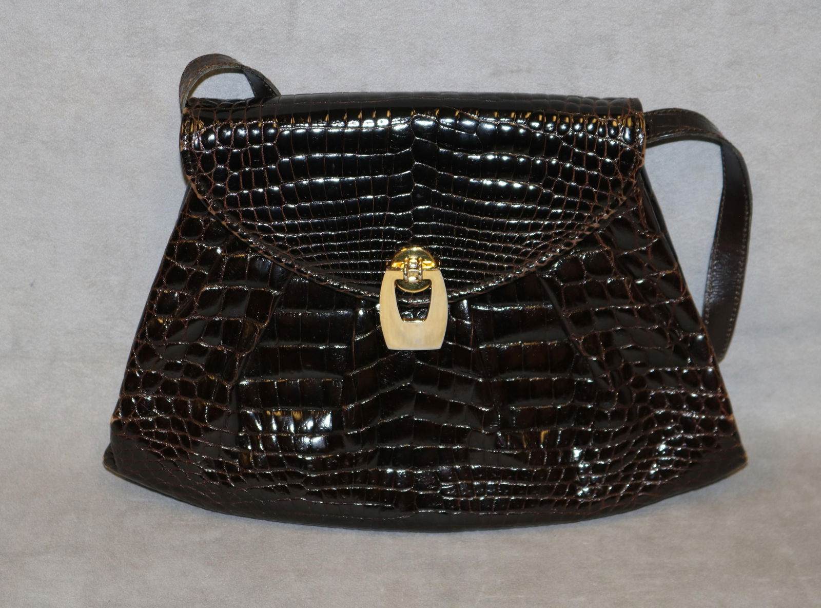 MORABITO BLACK ALLIGATOR EMBOSSED TRAPEZOID-SHAPE HANDBAG OR PURSE - . (1 of 4)