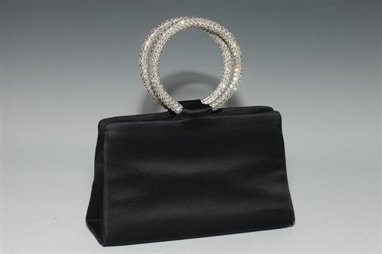 JUDITH LEIBER BLACK SATIN AND COLORLESS CRYSTAL EVENING BAG. - 5 1/4 in. x 8 1/2 in. x 2 3/4 in.: JUDITH LEIBER BLACK SATIN AND COLORLESS CRYSTAL EVENING BAG. - 5 1/4 in. x 8 1/2 in. x 2 3/4 in.