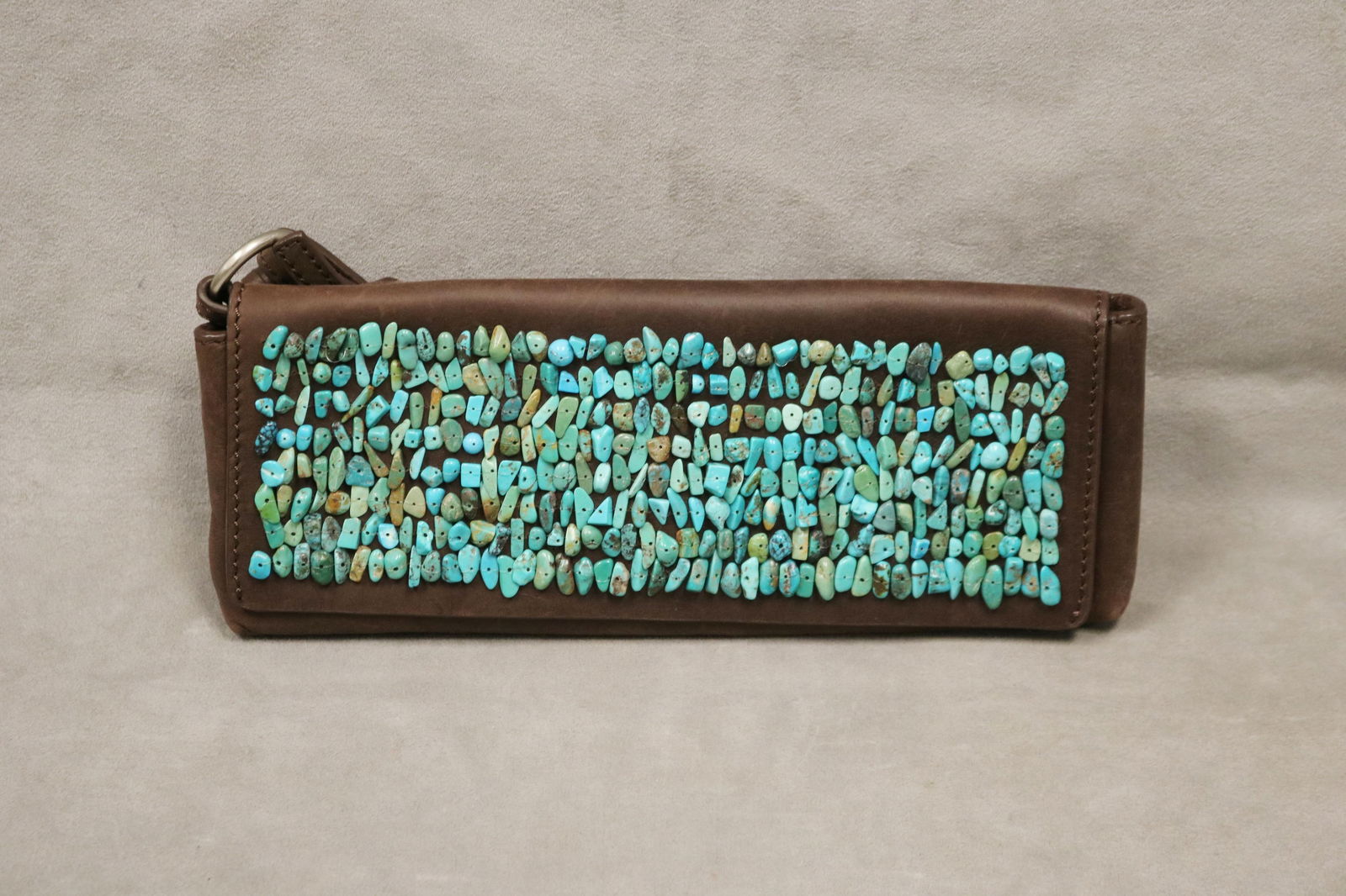 CALVIN KLEIN BROWN LEATHER OBLONG CLUTCH WITH TURQUOISE STONE DECORATION - . (1 of 6)