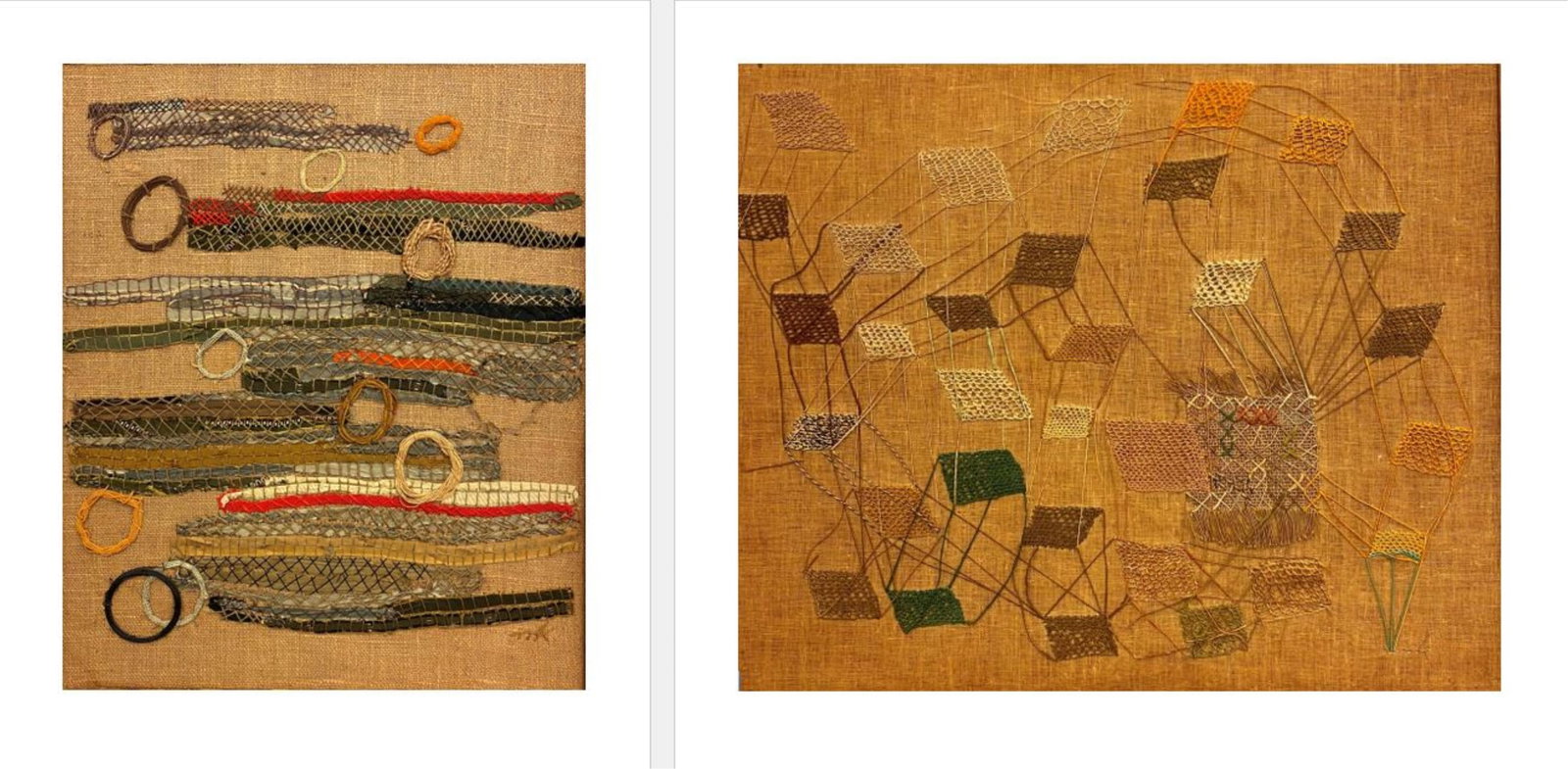 MARISKA KARASZ, (Hungarian-American 1898–1960). Two Embroidered Needlework Panels: "Influences": MARISKA KARASZHungarian-American, 1898–1960Two Embroidered Needlework Panels: "Influences" and "The Ferris Wheel"NeedleworkLeft, rhythmic arrangement of horizontal bands of open-mesh netting, varieg