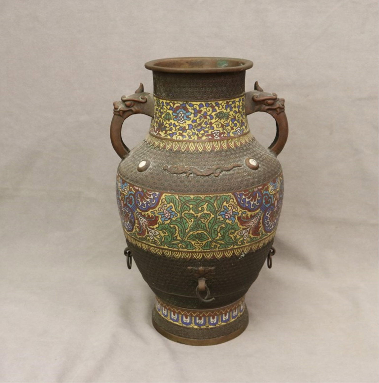 CHINESE CHAMPLEVE ENAMEL BALUSTER-FORM VASE WITH DRAGON HANDLES - H: 18 1/2 in.. (1 of 11)