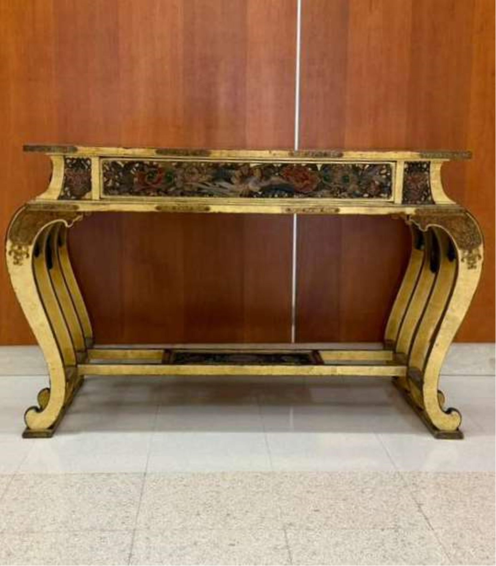CHINESE LACQUERED AND GILT RECTANGULAR TOP CONSOLE TABLE - H: 30 in. Top, 44 in. x 24 1/2 in..: CHINESE LACQUERED AND GILT RECTANGULAR TOP CONSOLE TABLE Top projects over apron carved in high relief with birds and floral motifs; scrolling legs joined by pierced and carved paneled stretcher; gilt