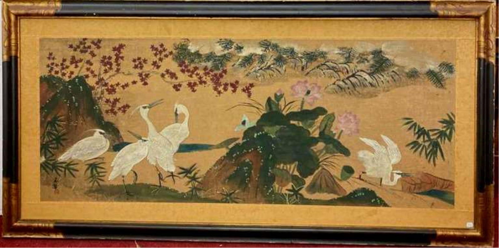 BIRD-AND-FLOWER SCROLL PAINTING - Scroll: 24 in. x 59 in.; frame: 39 in. x 71 in..: BIRD-AND-FLOWER SCROLL PAINTING Ink and colors on silk; depicts white egrets gathered near lily pond, surrounded by pink hibiscuses in full bloom and swaying willow tree. Framed. Scroll: 24 in. x 59 i