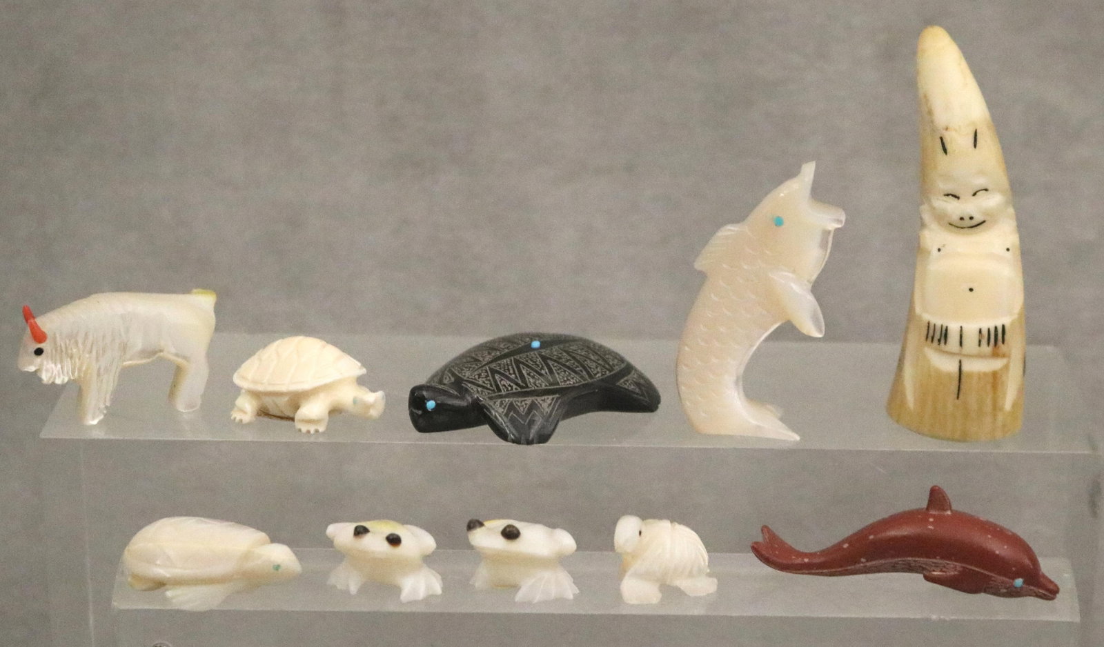 NINE ZUNI INTRICATELY CARVED MEDICINE FETISHES - Length of Black Turtle 1.75 inches.: NINE ZUNI INTRICATELY CARVED MEDICINE FETISHES For over a millennium, the A:Shiwi (Zuni) have carved animal fetishes to honor the "medicine" or natural traits of wildlife, serving as focal points for