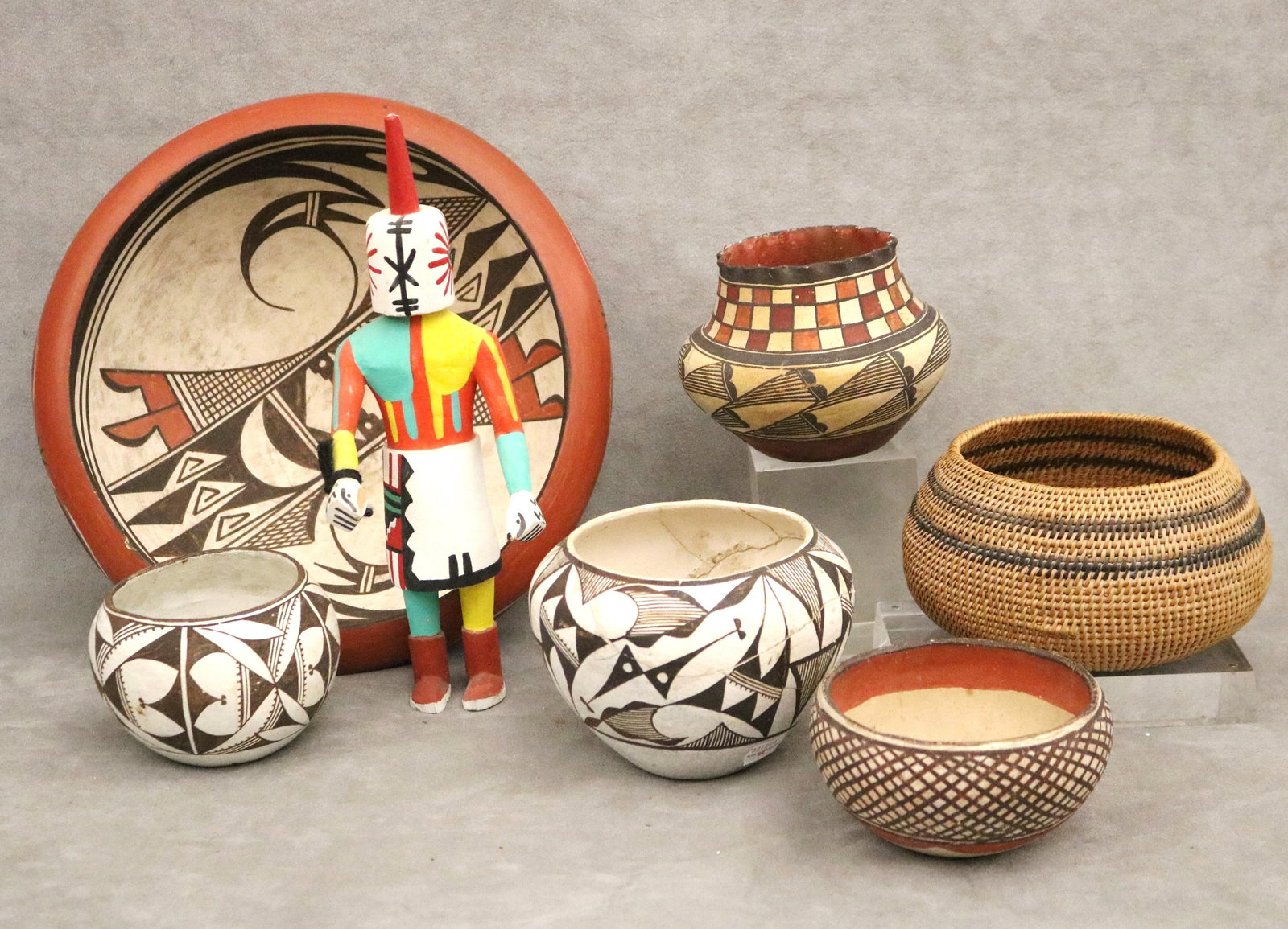 Collection of Seven Southwestern and Native American artifacts, featuring a bowl signed by Hopi: Collection of Seven Southwestern and Native American artifacts, featuring a bowl signed by Hopi artist Marcia Ricky “Ant Woman” 20th century Collection featuring an array of seven traditional