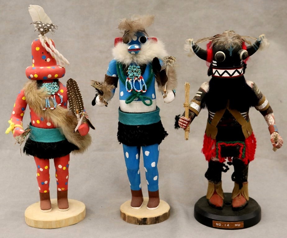 THREE KACHINA DOLLS FROM PUEBLO NATIVE TRIBES PRIMARILY THE HOPI AND ZUNI. - Height: 11.5 inches.: THREE KACHINA DOLLS FROM PUEBLO NATIVE TRIBES PRIMARILY THE HOPI AND ZUNI. Set of three Kachina Dolls (or Katsina dolls or Qatsina dolls) from the Pueblo Native tribes primarily the Hopi and Zuni. Th