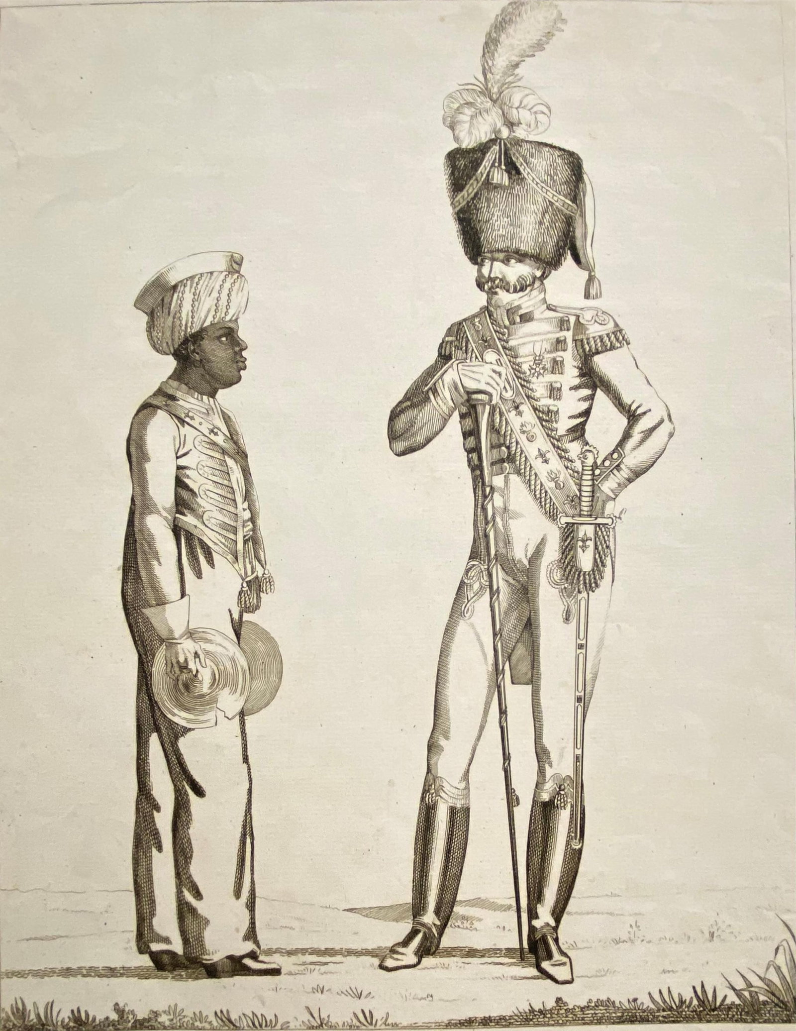 Timballier et Tambour Major de la Garde Royale (Kettledrummer and Drum Major of the Royal Guard),: Timballier et Tambour Major de la Garde Royale (Kettledrummer and Drum Major of the Royal Guard), early 19th century Unframed. Engraving titled "Timballier et Tambour Major de la Garde Royale" (Kettle