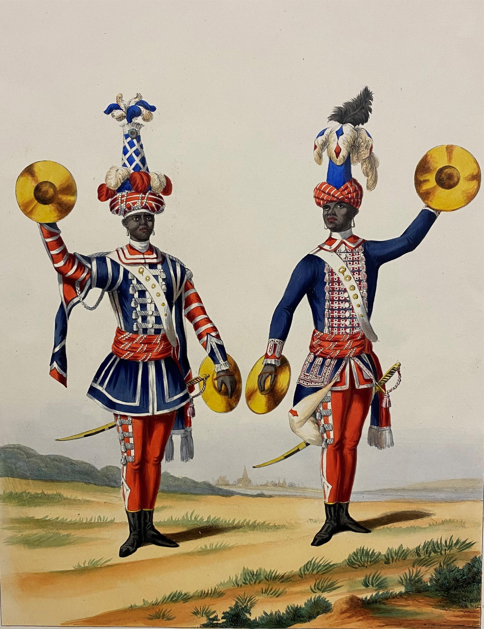Two Cimbaliers from the Musical Band of the Régiment des Gardes Françaises, - image: 11 x 9 inches;: Two Cimbaliers from the Musical Band of the Régiment des Gardes Françaises, Unframed. Colorful lithograph that depicts two cymbal players (cimbaliers) from the musical band of the Régiment des Gard