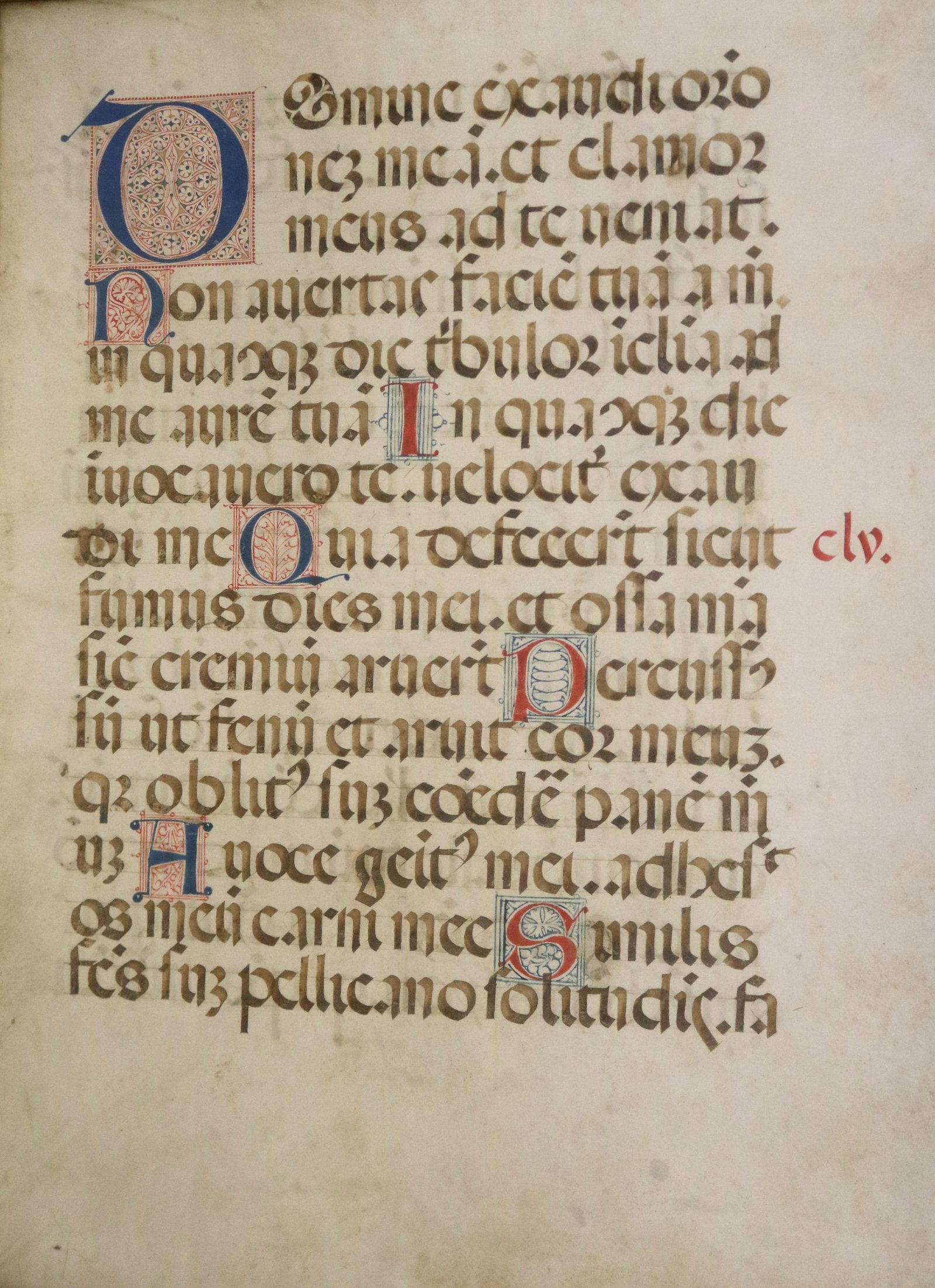 EARLY LATIN MANUSCRIPT ON VELLUM, LIKELY A PSALTER, - Framed, 23 in. x 17 in..: EARLY LATIN MANUSCRIPT ON VELLUM, LIKELY A PSALTER Text is a portion of Psalm 102 (101 in the Vulgate), known as one of the Penitential Psalms.Latin Transcription: Domine exaudi orationem meam et clam