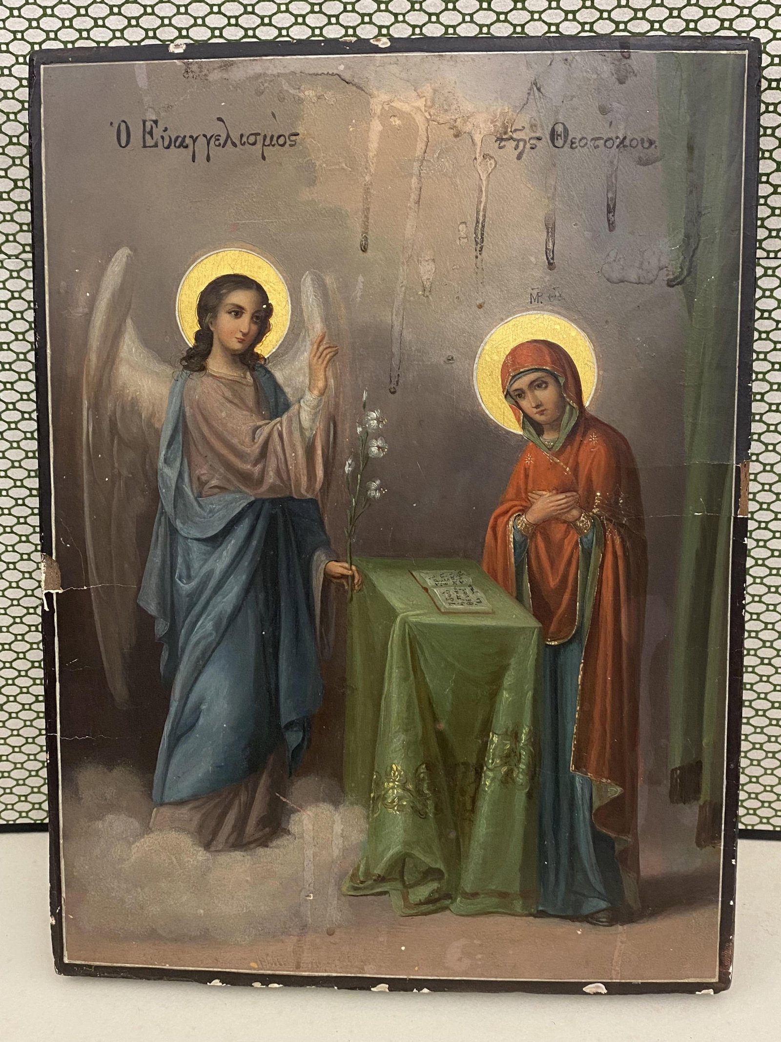 RUSSIAN POLYCHROME ICON OF THE ANNUNCIATION - 9 in. x 12 in..: RUSSIAN POLYCHROME ICON OF THE ANNUNCIATION 9 in. x 12 in.